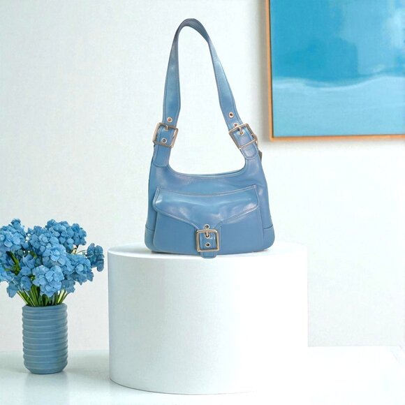 Vintage COACH Saddle Shoulder Bag Buckle in blue/silver - Picture 1 of 9